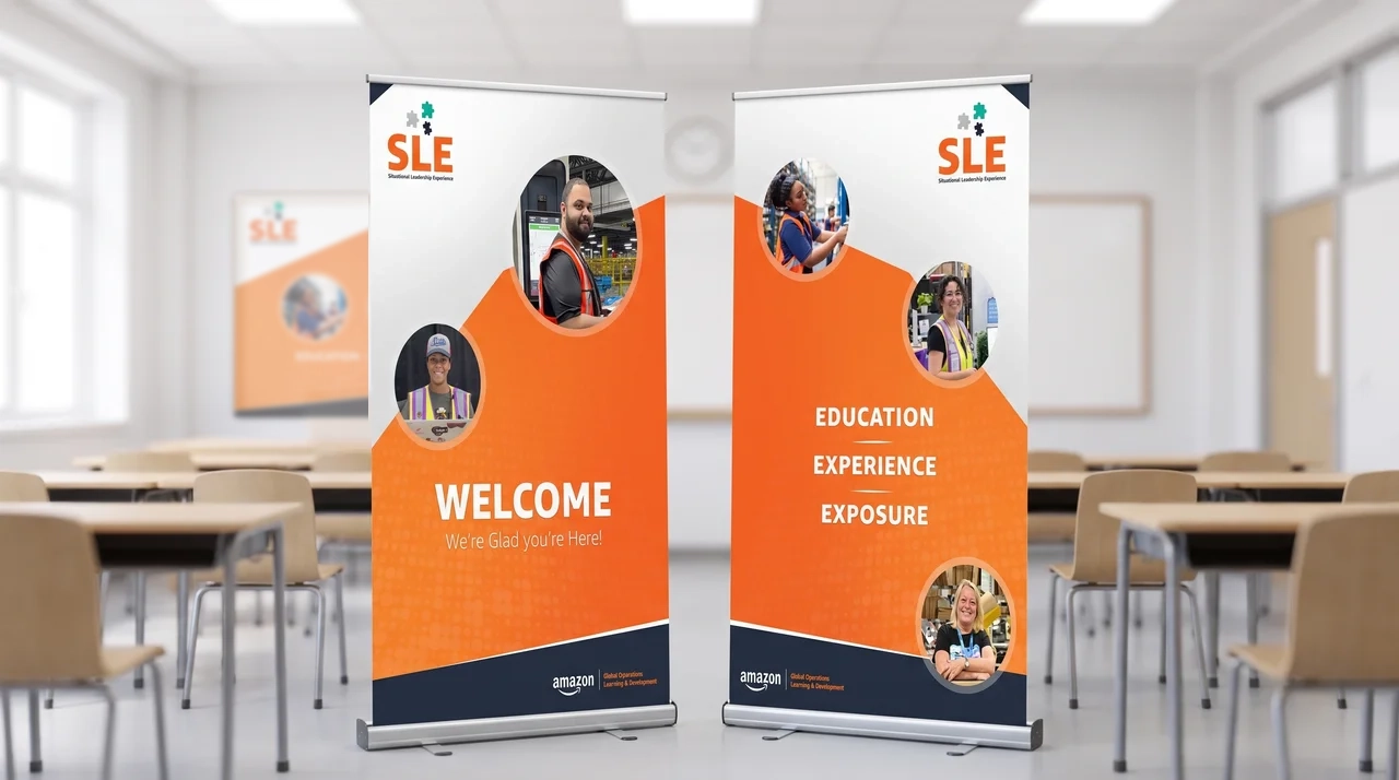Amazon SLE program pull-up banners staged in a training room